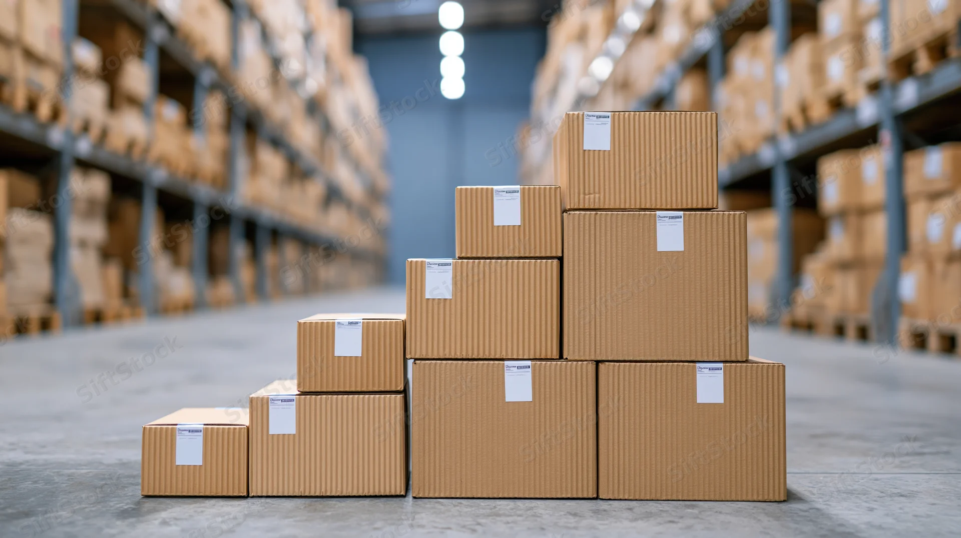 Cardboard boxes stacked in staircase pattern in warehouse aisle