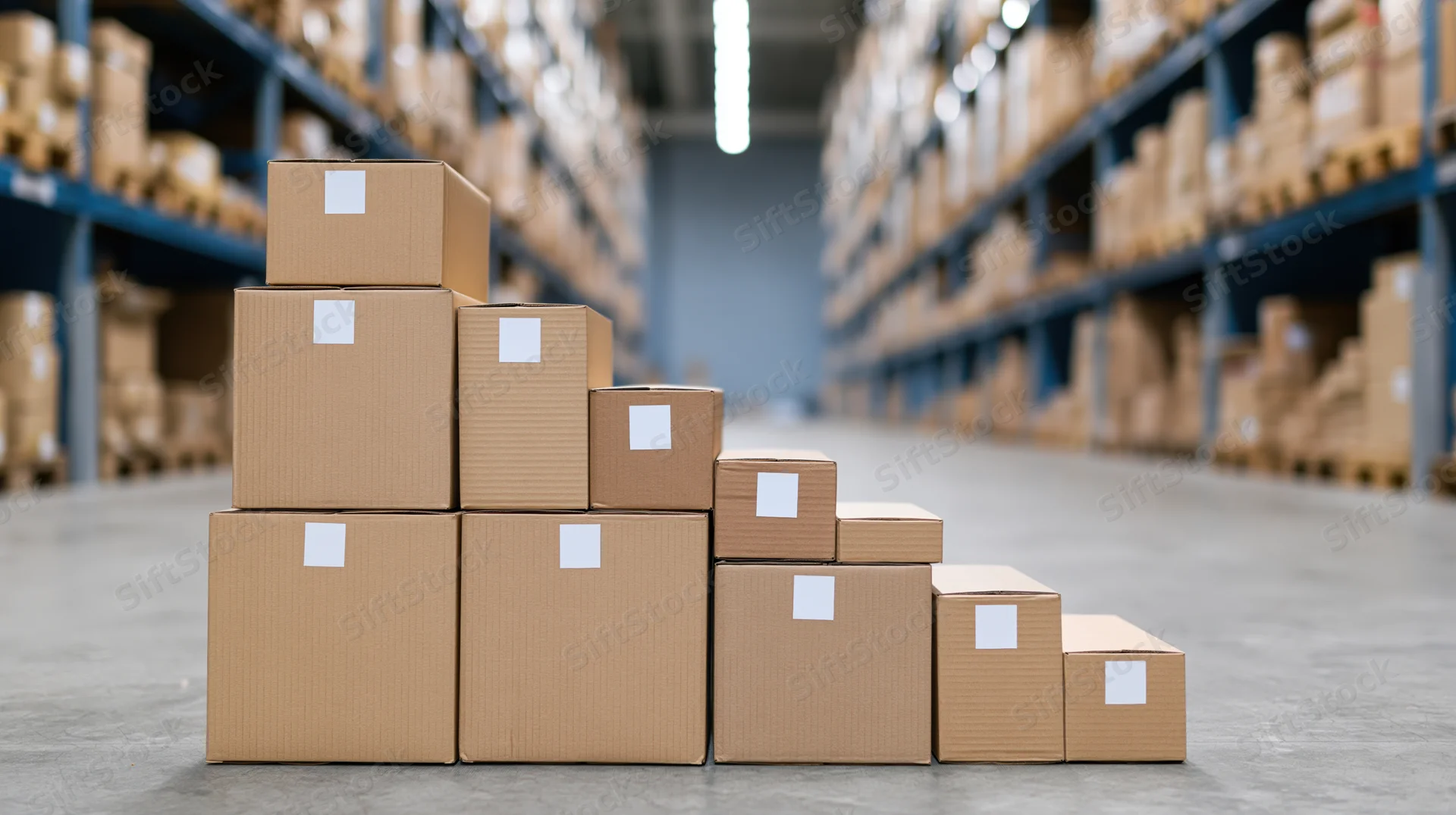 Cardboard boxes arranged in staircase pattern in warehouse aisle