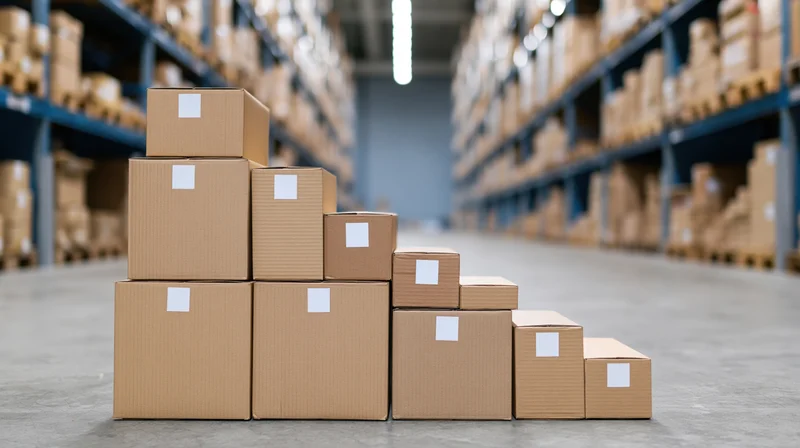 Cardboard boxes arranged in staircase pattern in warehouse aisle