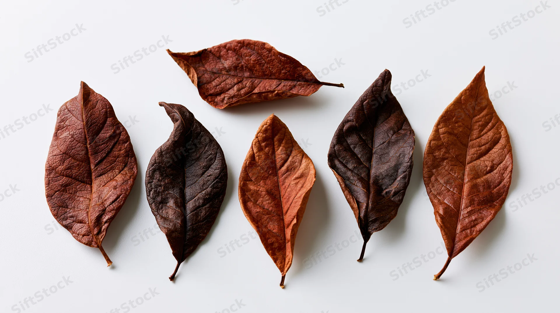 Seven dried autumn leaves arranged on a white surface
