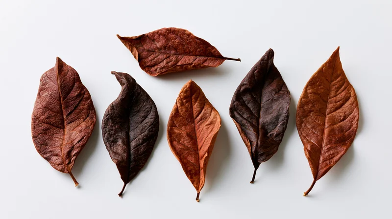 Seven dried autumn leaves arranged on a white surface