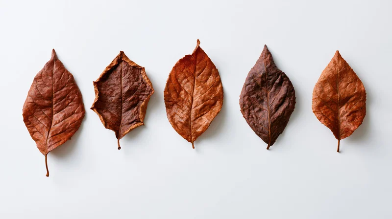 Five dried autumn leaves arranged in a row on a white surface