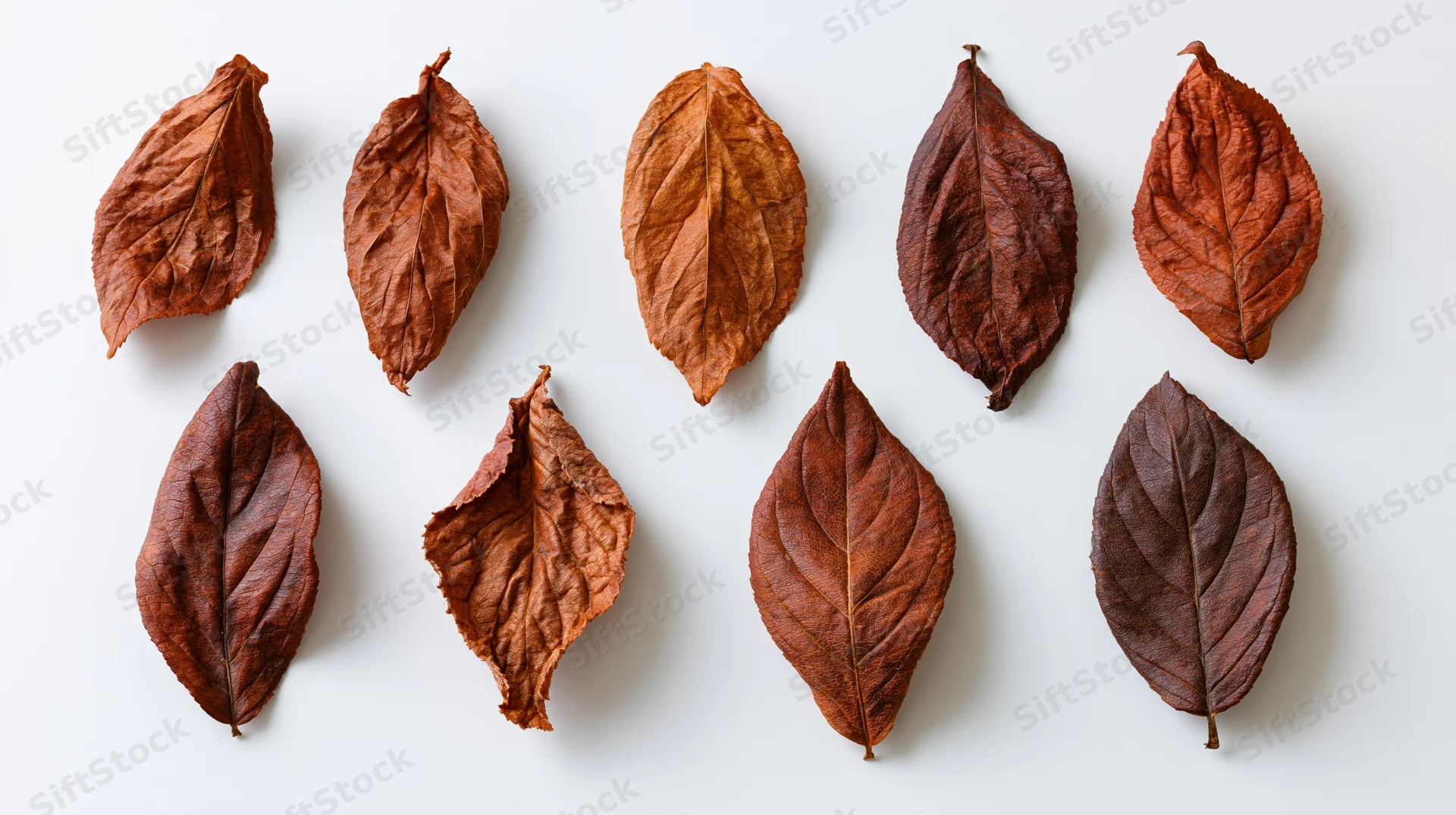 Dried autumn leaves arranged in two rows on a white surface