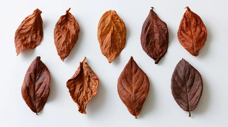 Dried autumn leaves arranged in two rows on a white surface