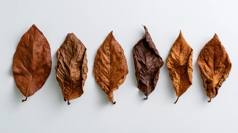 Dried autumn leaves arranged in a row on a white surface