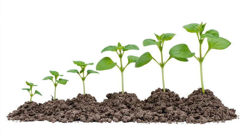Seven green seedlings arranged in a growth progression sequence on soil mounds against white background