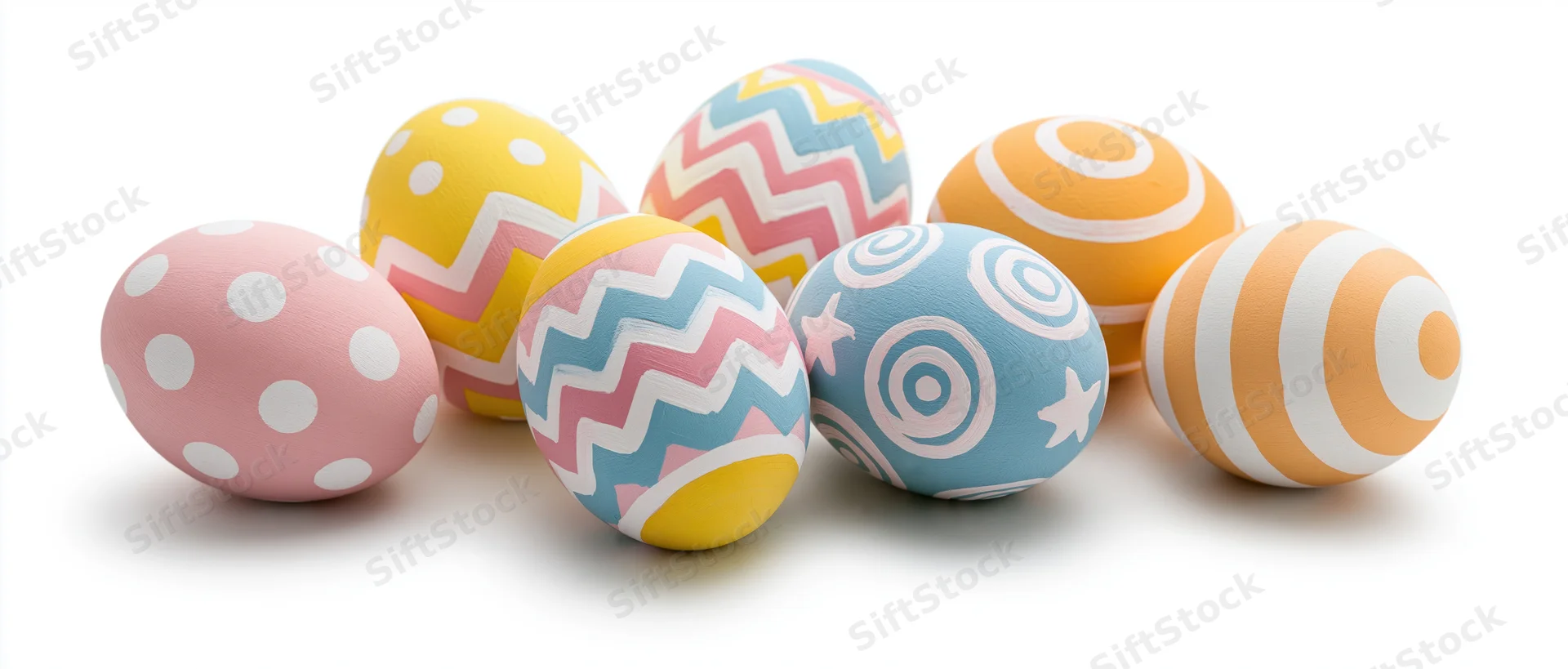 Seven hand-painted easter eggs with colorful patterns arranged loosely on white background