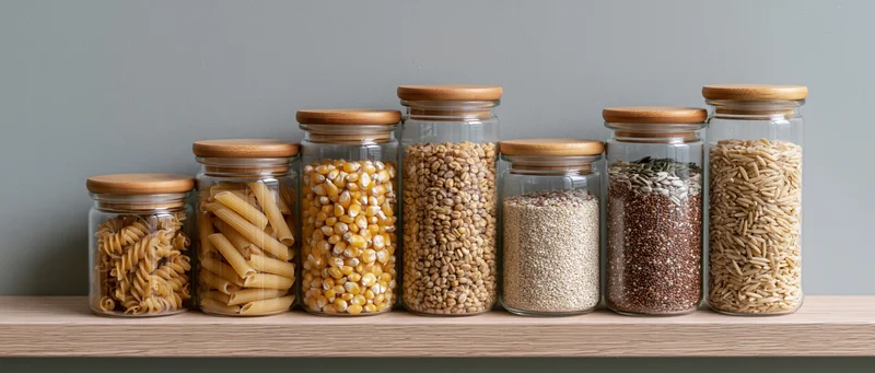 Glass jars filled with various dried grains and pasta arranged in a row on a wooden shelf