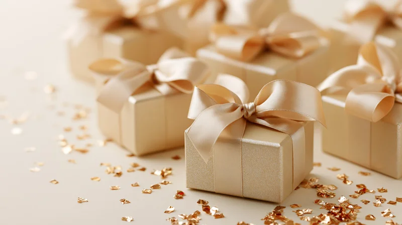 Champagne gold gift boxes with satin ribbon bows arranged on a light surface with scattered confetti