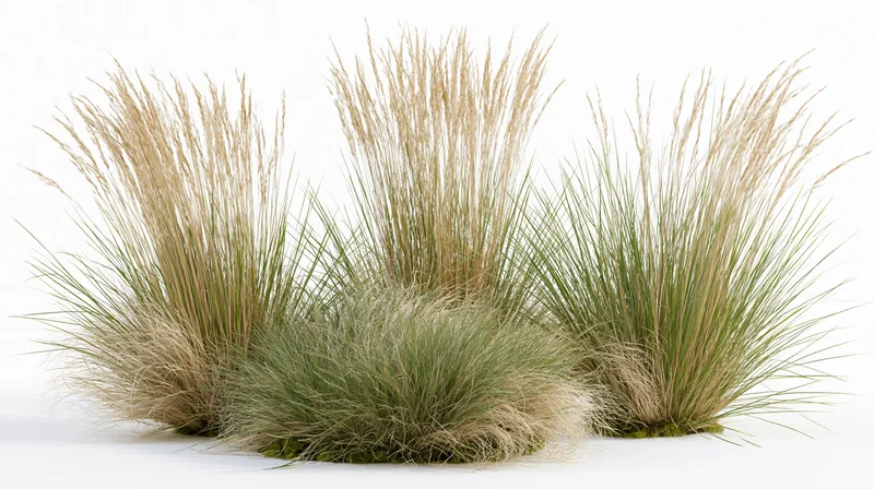 Several clumping ornamental grass tufts with tall wispy seedheads on white background