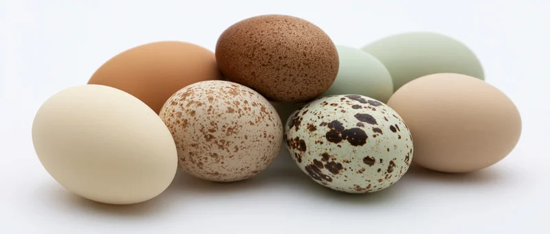 Various types of eggs grouped together on a white background
