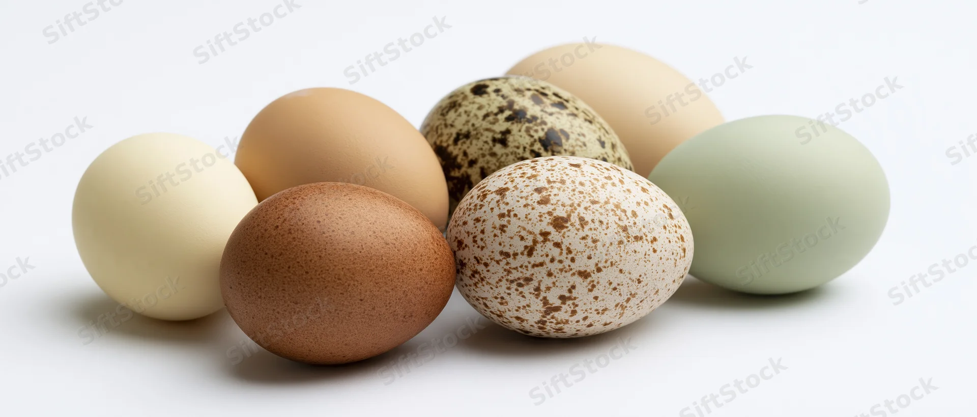 Several eggs of different colors and patterns grouped together on a white surface