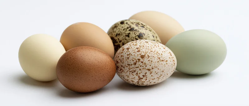 Several eggs of different colors and patterns grouped together on a white surface