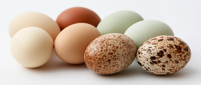 Several eggs of different colors and patterns arranged on a white surface