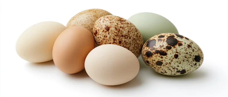 Several eggs of different types and colors arranged together on a white surface