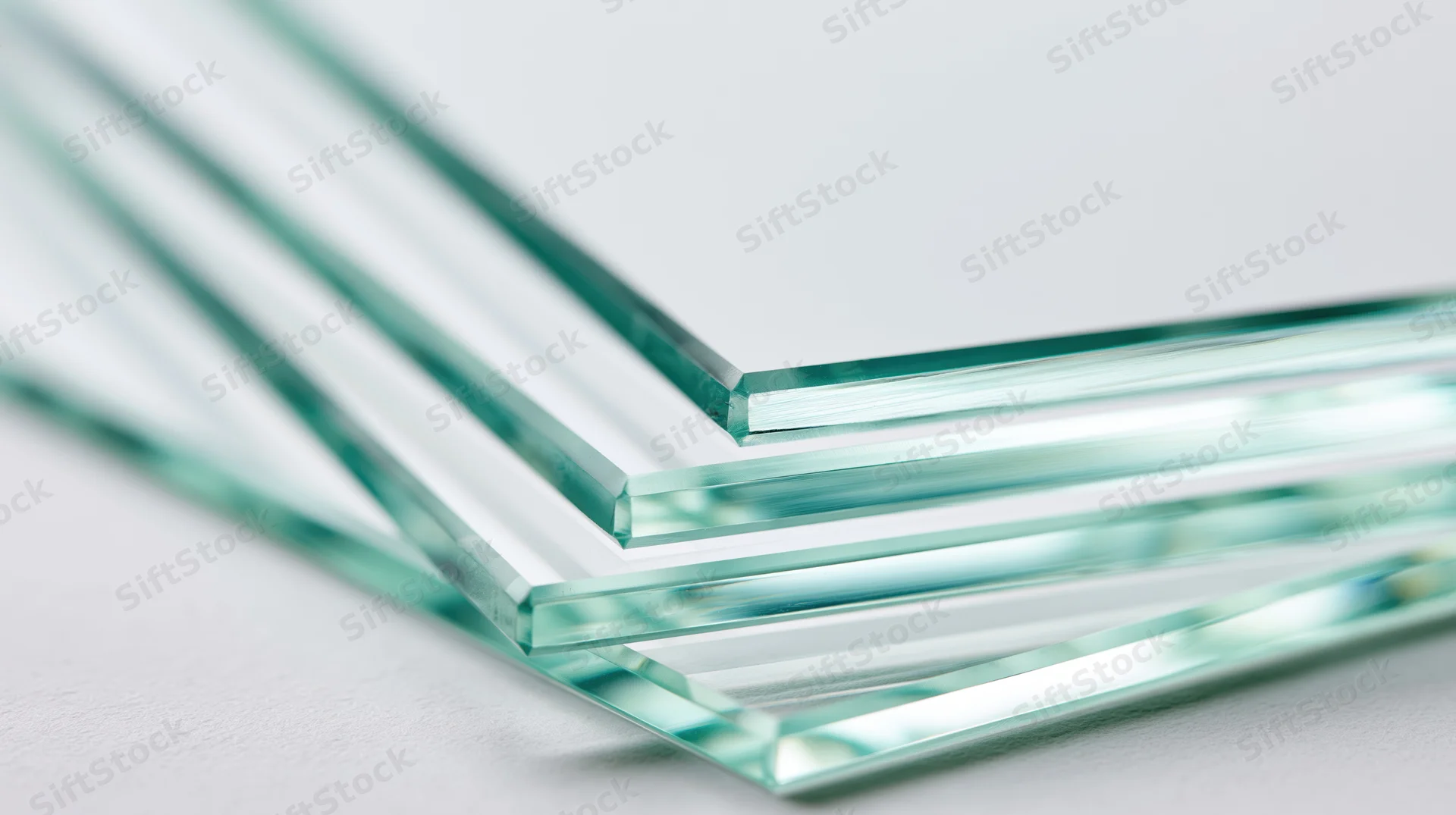 Stacked clear glass panels fanned out on a white surface
