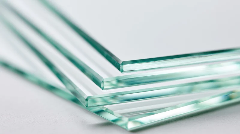 Stacked clear glass panels fanned out on a white surface