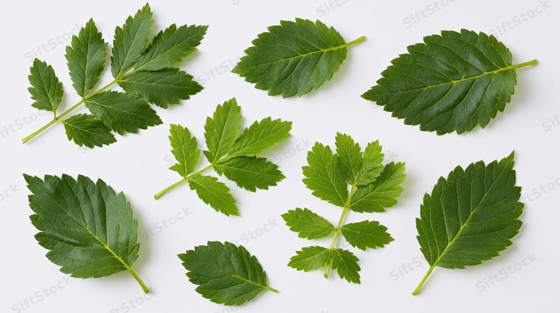 Green serrated leaves arranged flat on white background