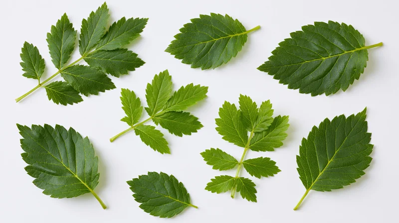 Green serrated leaves arranged flat on white background