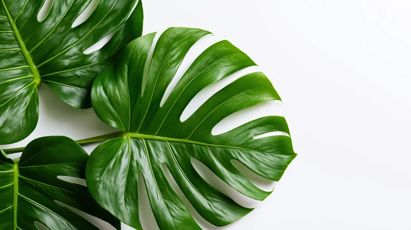 Large monstera deliciosa leaves arranged on white surface with copyspace