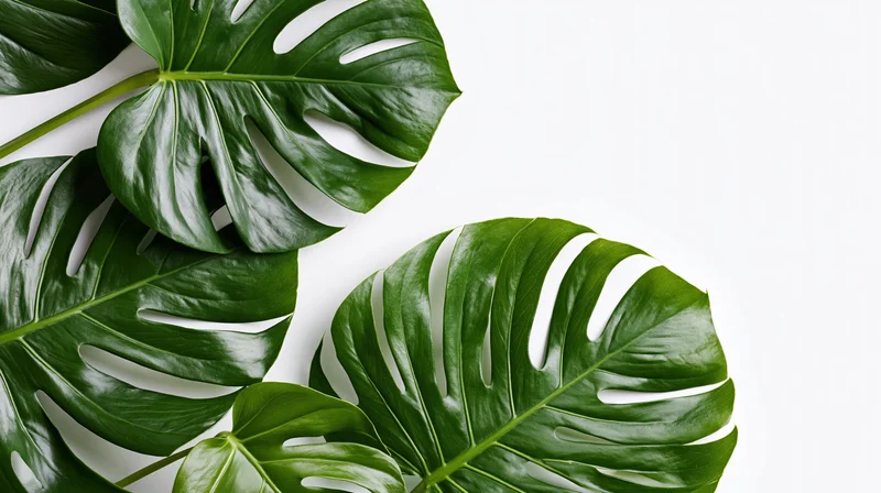 Large monstera deliciosa leaves arranged in lower left on white background