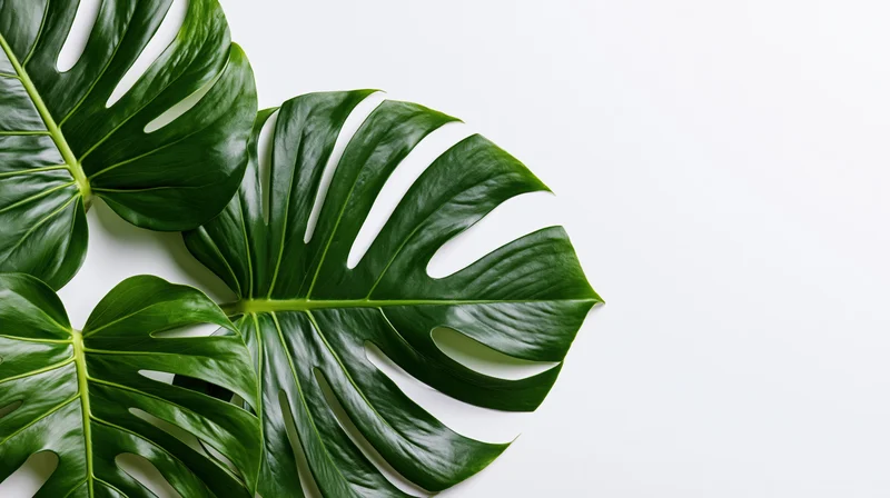 Large monstera deliciosa leaves arranged on white surface with copyspace