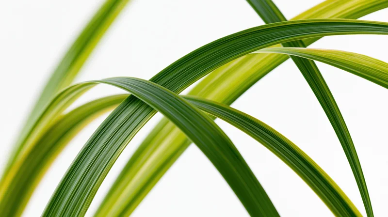 Long slender green grass blades arching gracefully against a white background