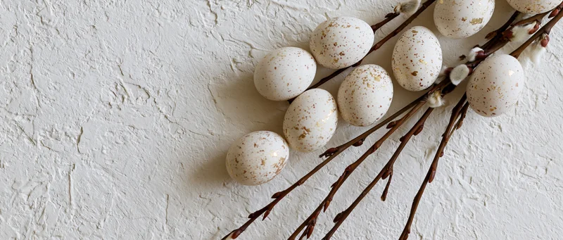 White speckled easter eggs with gold foil accents arranged on willow branches against a textured white wall