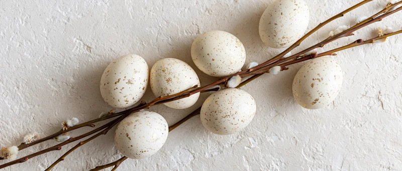 White speckled easter eggs with gold foil accents arranged on willow branches against textured cream background