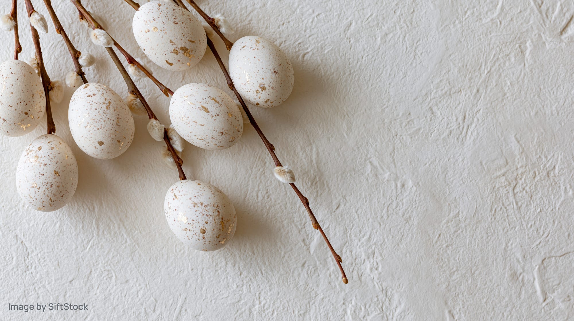 White speckled easter eggs with gold foil accents arranged on a textured white surface with willow branches and catkins, flat lay composition