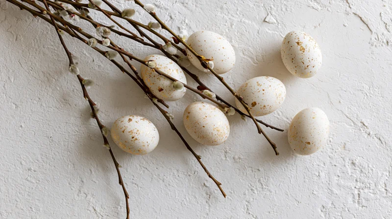 White speckled easter eggs with gold foil accents arranged with willow branches on a textured white surface