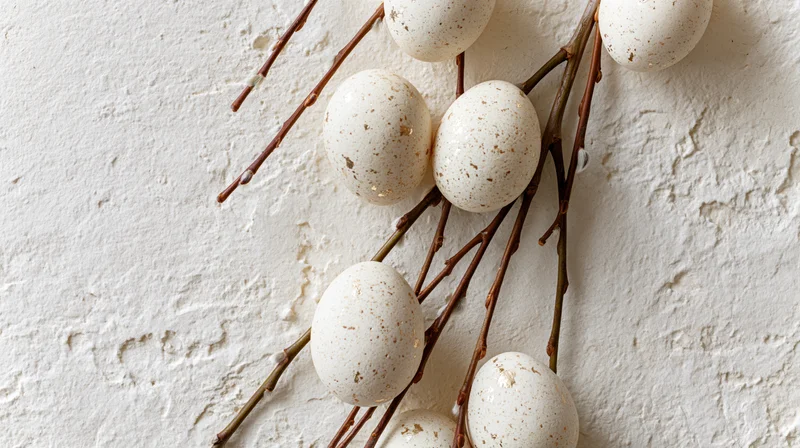 White speckled easter eggs with gold foil accents arranged on willow branches against a textured white wall