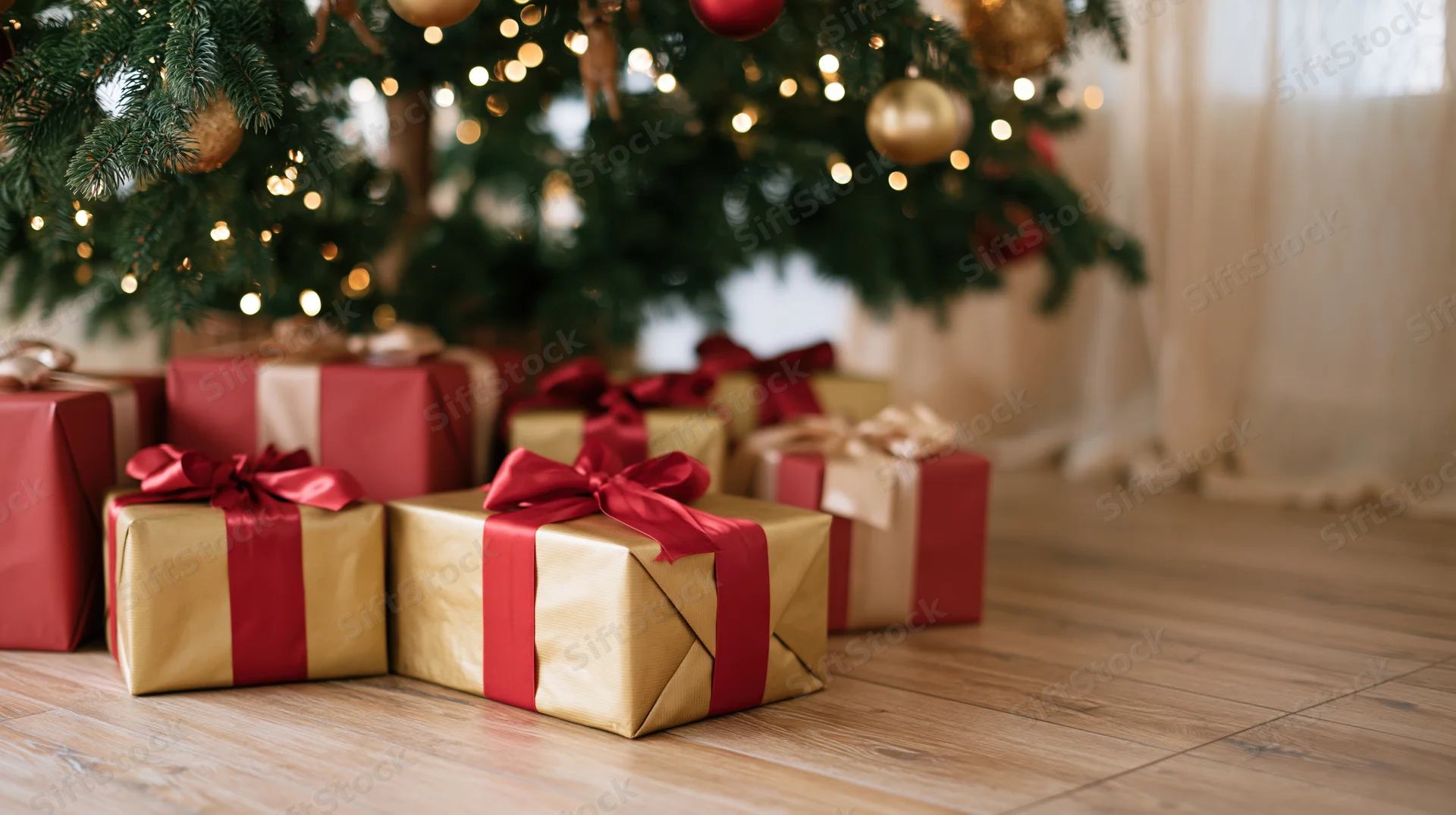 Wrapped gifts in red and gold paper under a decorated christmas tree on wooden floor