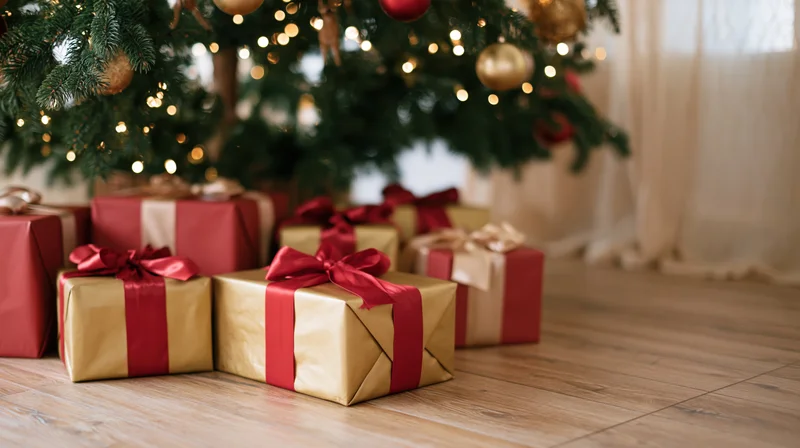 Wrapped gifts in red and gold paper under a decorated christmas tree on wooden floor