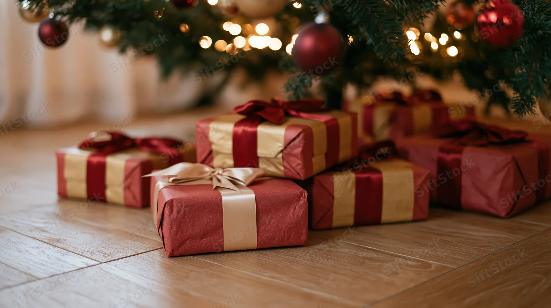 Wrapped gifts in red and gold paper under a decorated christmas tree on wooden floor