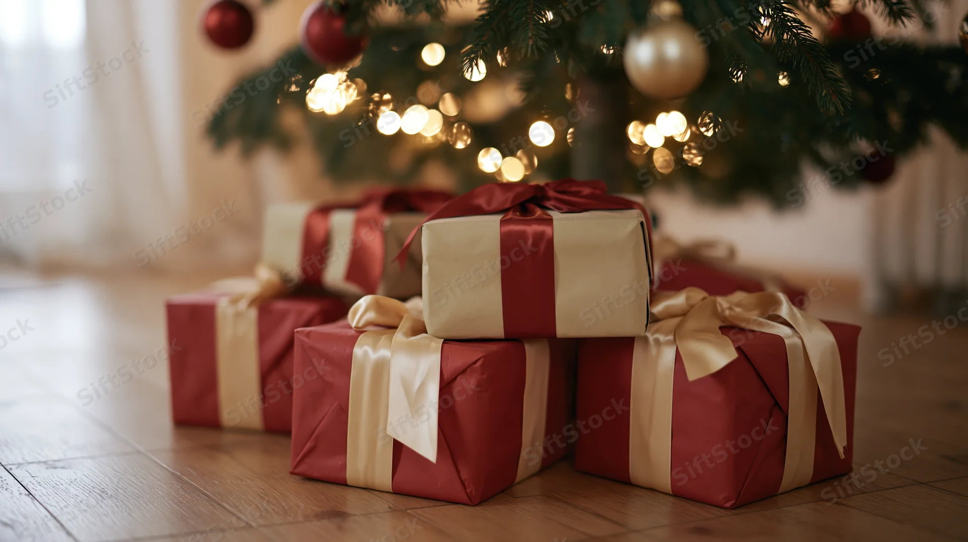 Wrapped gifts in red and gold paper with satin ribbons stacked under a decorated christmas tree on wooden floor