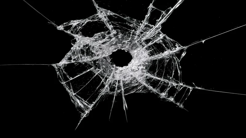 Shattered glass pane with central impact hole and jagged cracks on black background