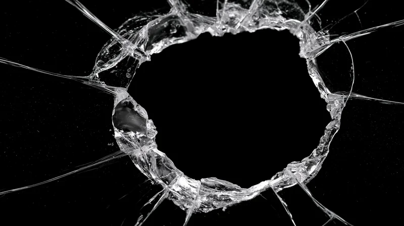 Shattered glass pane with jagged hole punched through center against black background