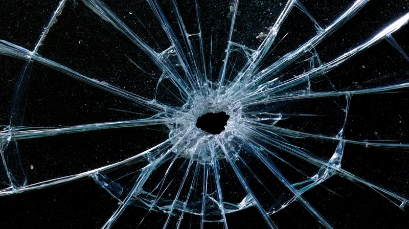 Shattered glass panel with central hole and radial cracks against dark background