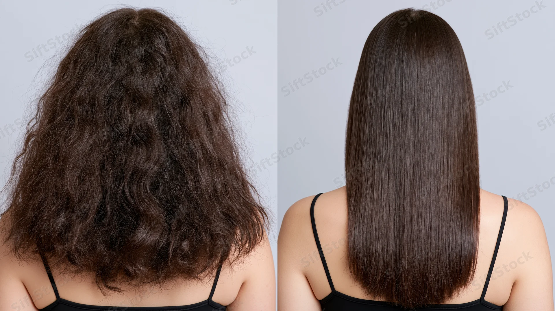 Back view of a woman showing curly hair before and straight hair after treatment