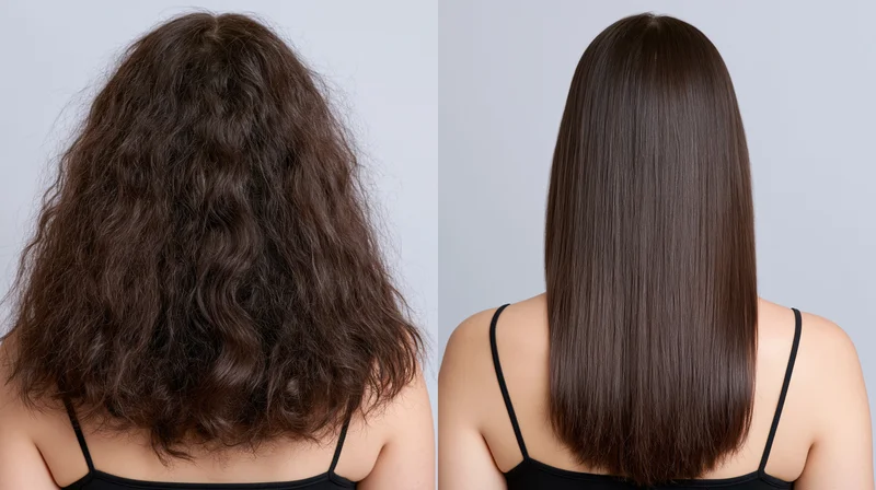 Back view of a woman showing curly hair before and straight hair after treatment