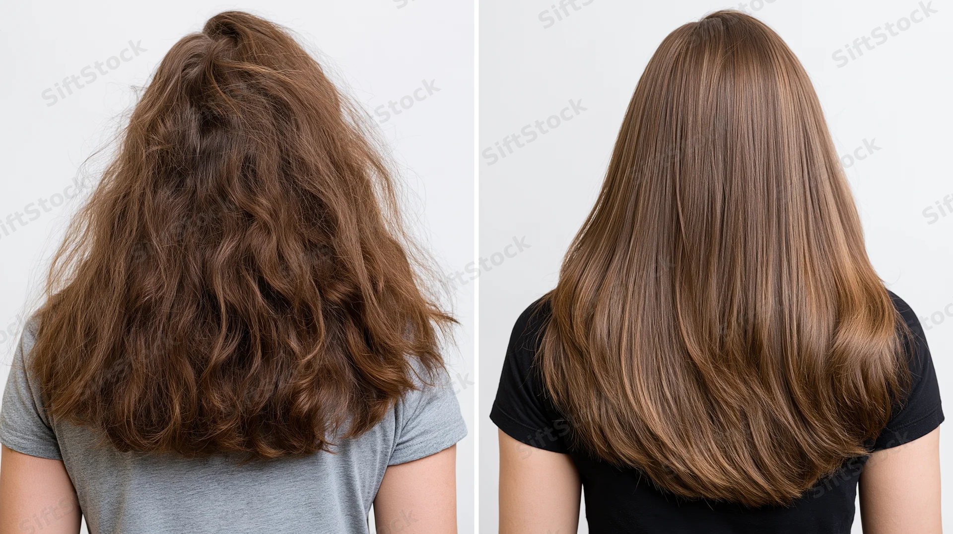 Back view of two women showing before and after hair transformation with frizzy wavy hair on left and smooth straight hair on right