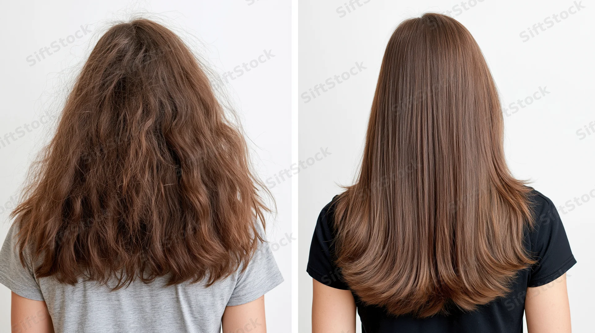 Back view of two women showing before and after hair transformation with wavy frizzy hair on left and smooth straight hair on right