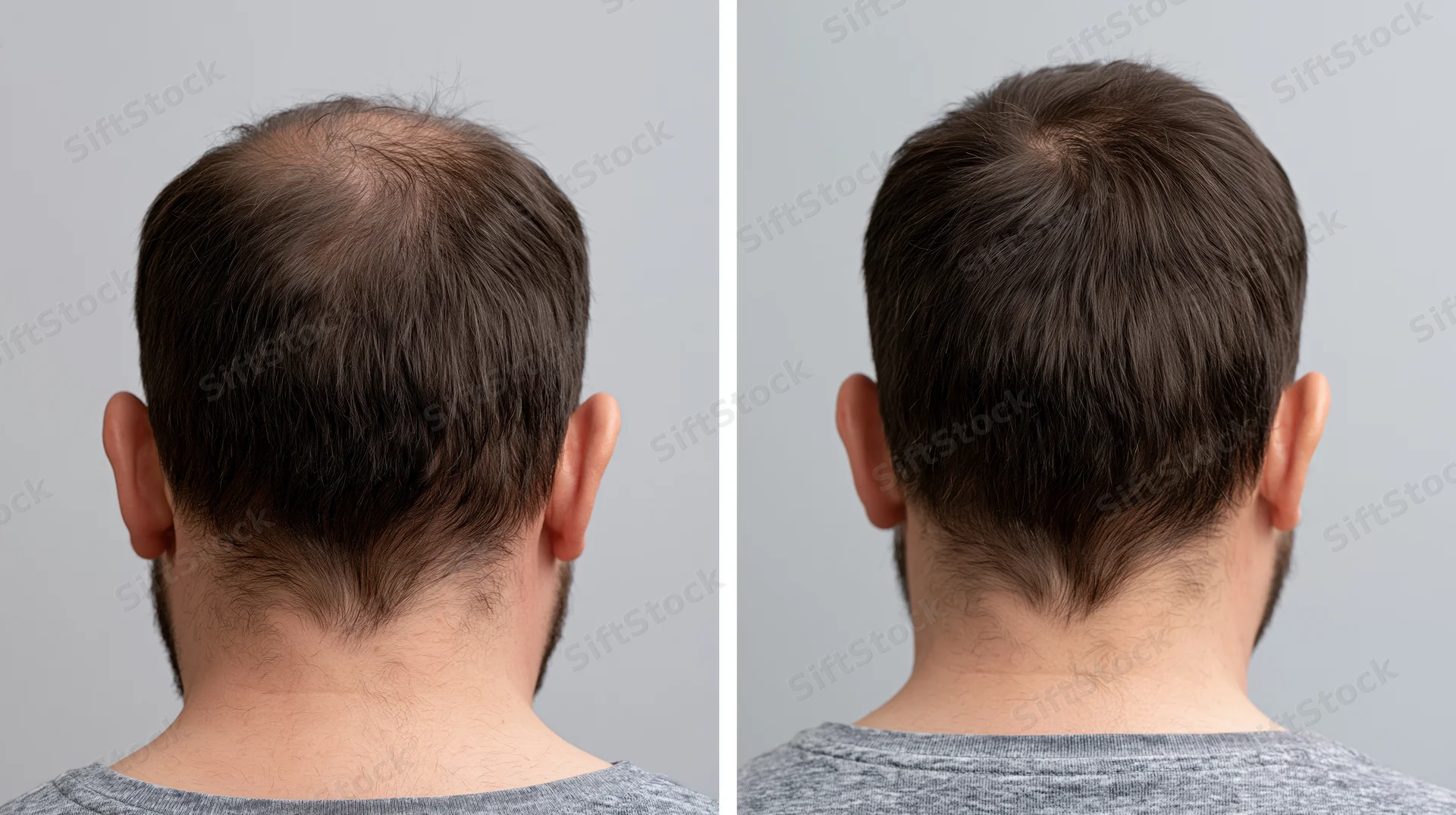 Back of a man’s head showing hair loss before and denser hair after treatment in studio setting