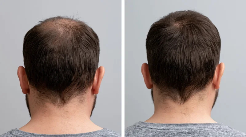 Back of a man’s head showing hair loss before and denser hair after treatment in studio setting