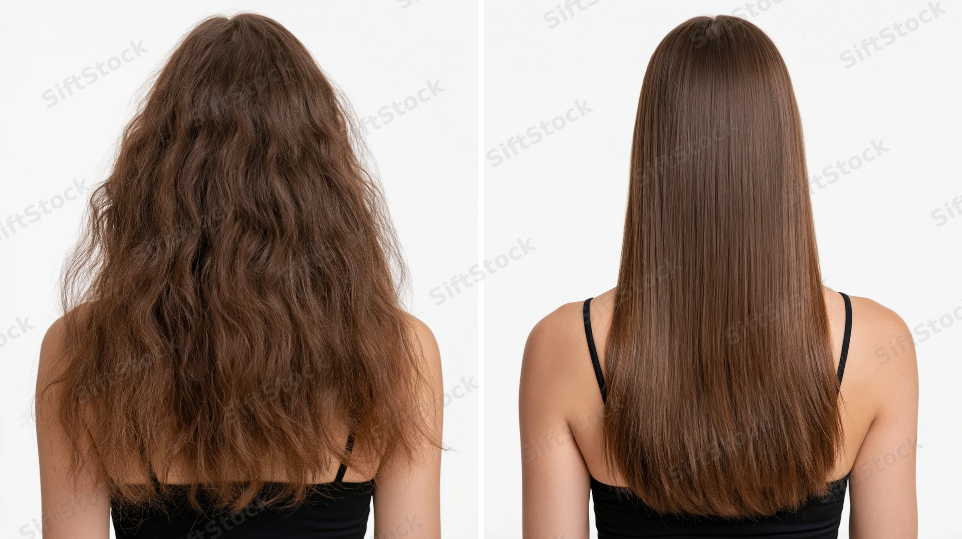 Woman with long brown hair shown before and after treatment, back view, side by side comparison