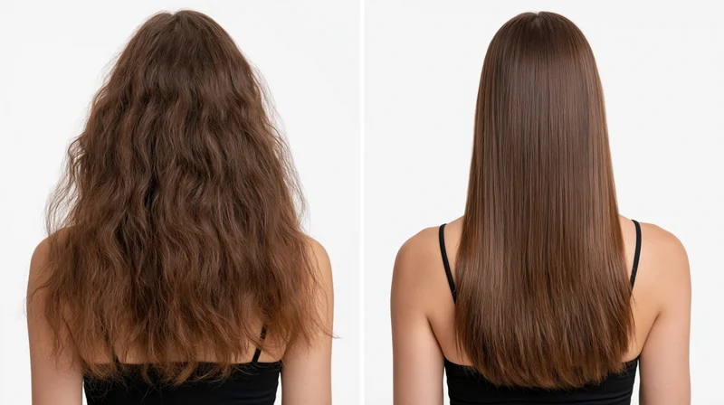 Woman with long brown hair shown before and after treatment, back view, side by side comparison