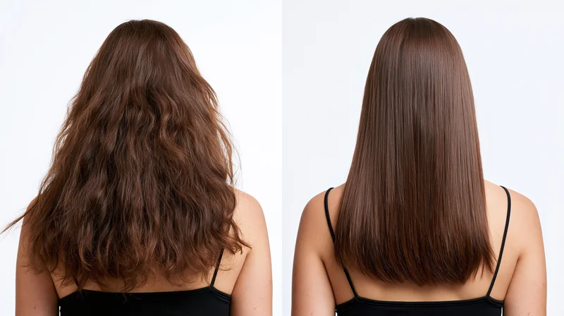 Back view of a woman with long wavy brown hair before and after straightening treatment, side by side comparison, isolated on white