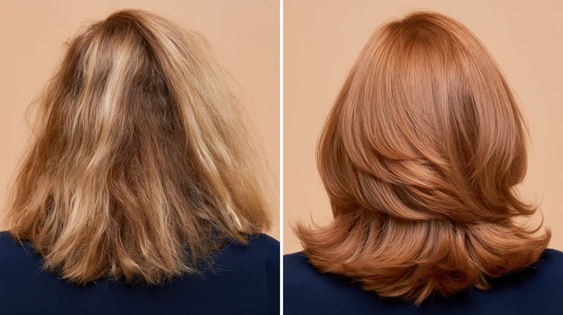 Back view of woman's hair before and after salon treatment showing frizzy blonde to smooth auburn transformation