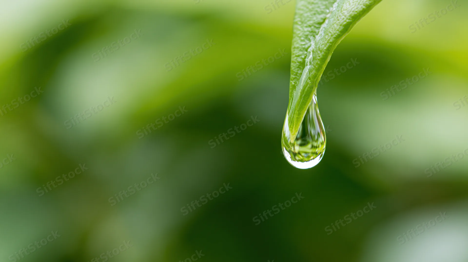 Water droplet hanging from the tip of a green leaf in a natural setting